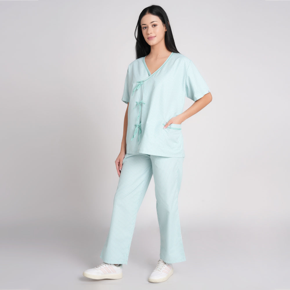 Patient dress stripe- sea green