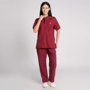 maroon scrub suit chinese collar pof cotton