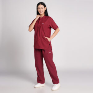maroon scrub suit chinese collar pof cotton