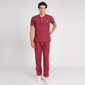 maroon scrub suit chinese collar pof cotton