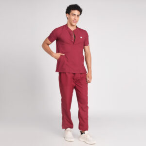 maroon scrub suit chinese collar pof cotton