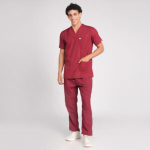 maroon scrub suit v neck pof cotton