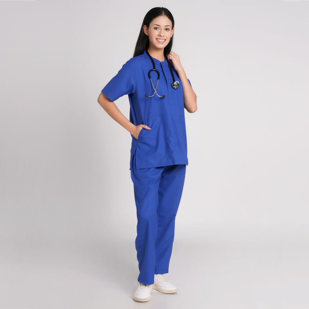 royal blue scrub suit chinese collar trovin