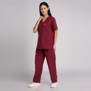 maroon scrub suit chinese collar pof cotton