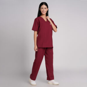 maroon scrub suit chinese collar pof cotton