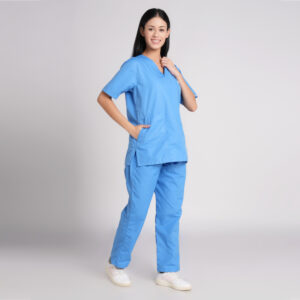 sky blue scrub suit v neck pof cotton